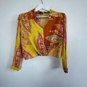 Haute Hippie Womens Floral Collared V-Neck Wrap Blouse Yellow Long Sleeve Boho